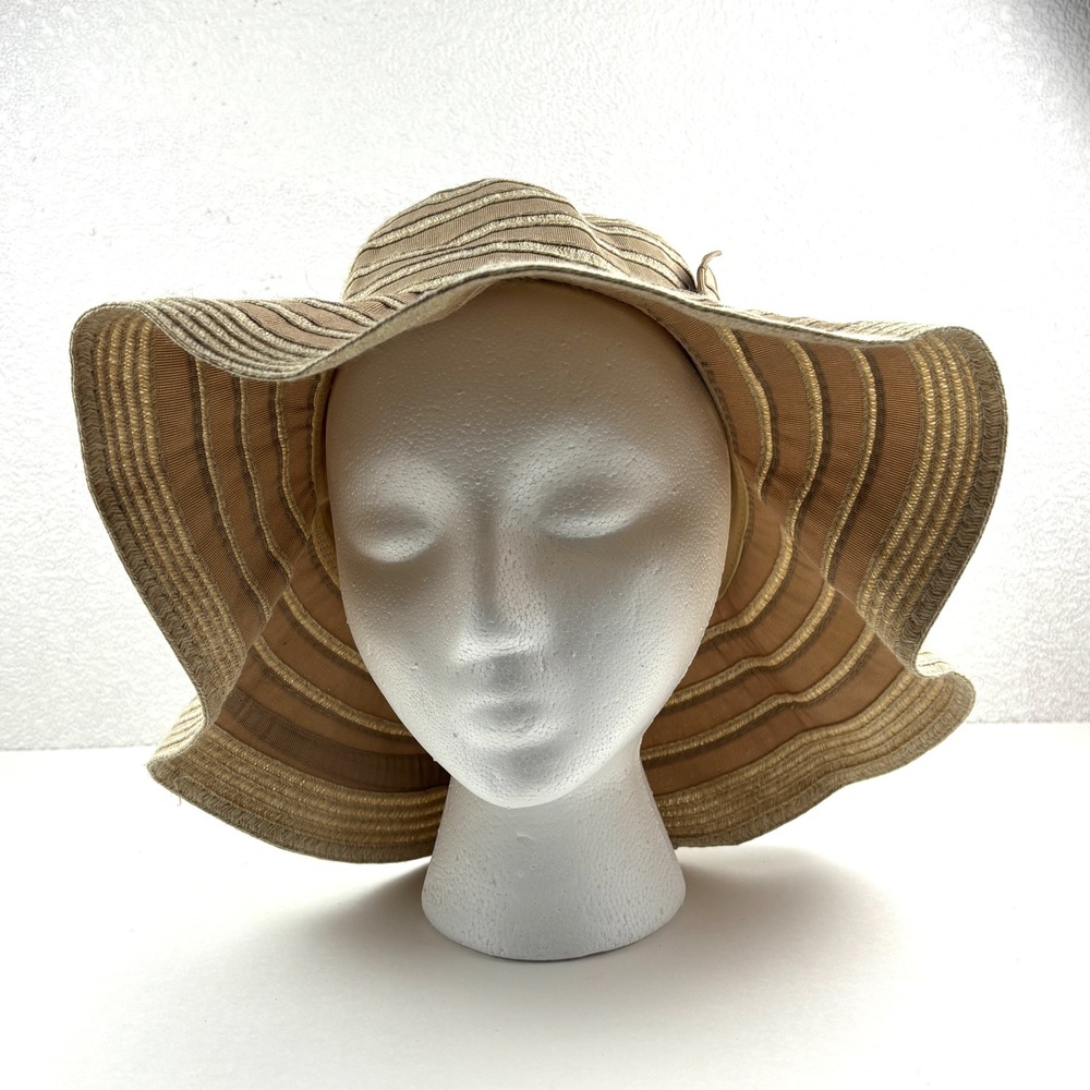 C.C Sun Hat Women OS Tan Wide Brim Bow Ribbon Striped Summer Beach Floppy Vacay